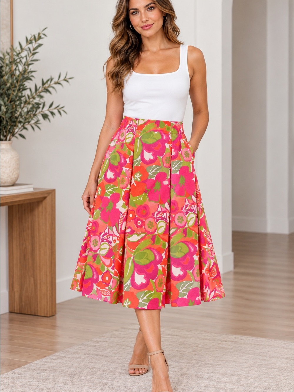Floral A-Line Midi Skirt in Pink & Green - fully reversible skirt/ dot side